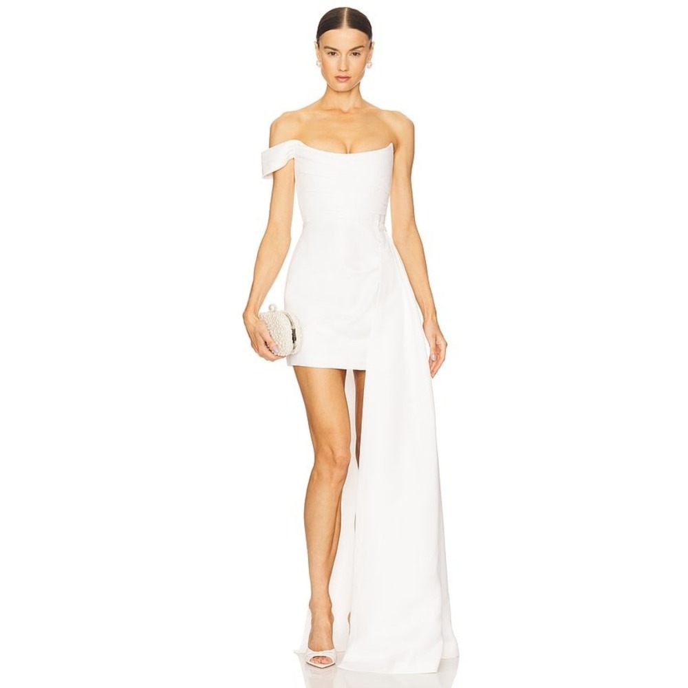 SAU LEE Brenda Mini Dress White Satin Bridal Detachable Train Size 6